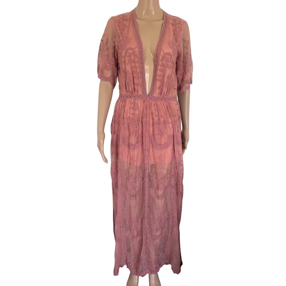 Honey Punch Burnt Coral Lace Maxi Romper Dress L Boho Festival Resort Cover Up - Picture 2 of 10
